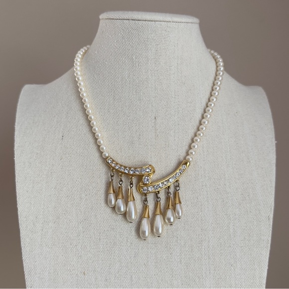 Vintage Faux Pearls Teardrop Tassels with Rhinestones Necklace - Picture 9 of 11